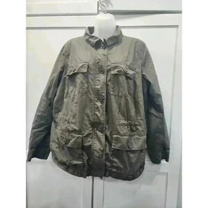 Talbots Plus Jacket Womens 1X Green Khaki Utility Safari Zip Button Pockets
